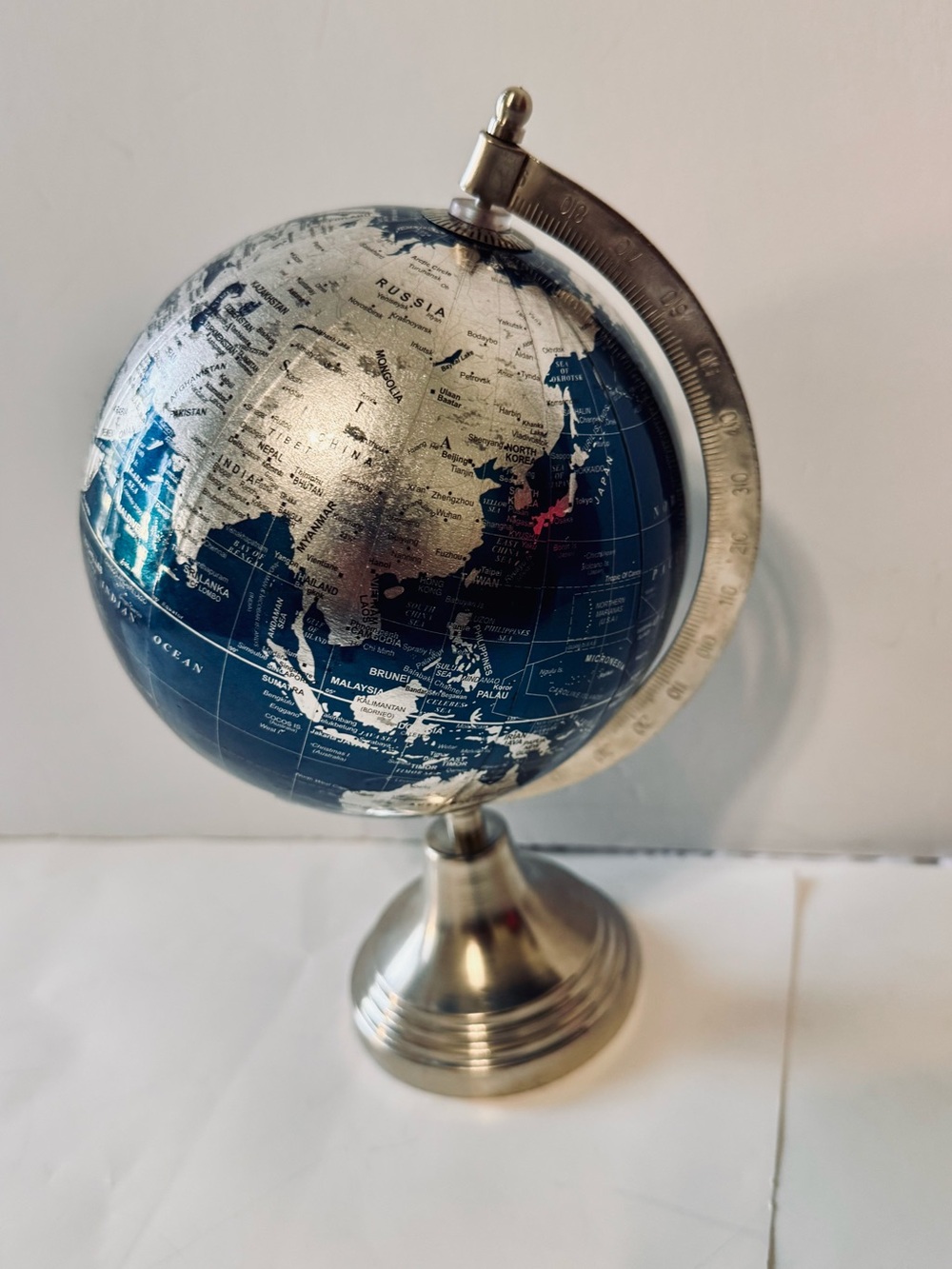 Blue Metallic World Globe Desk Decor with Metal Stand 13 Inch Rotating Earth Map